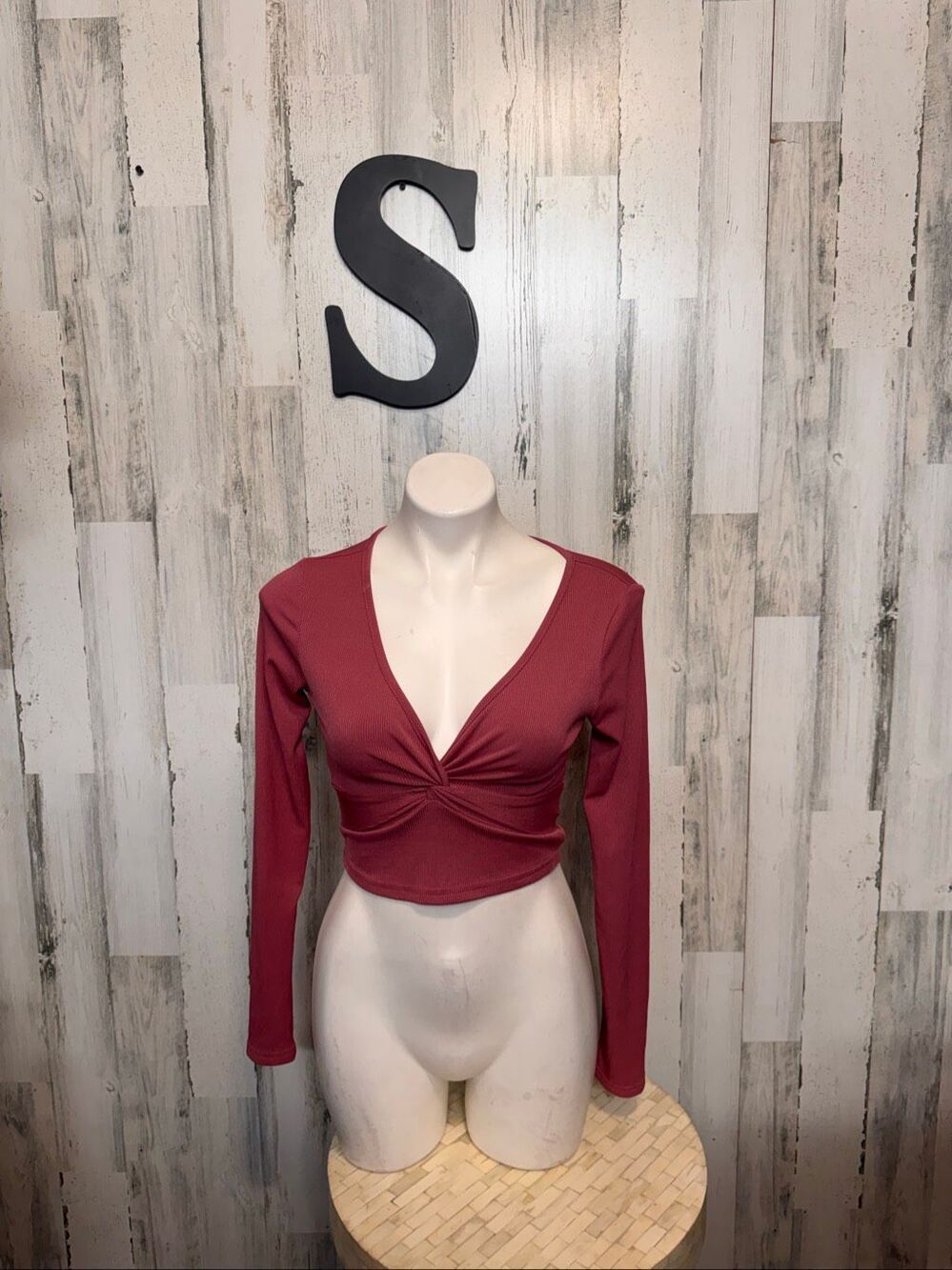 SHEIN Mauve Rose Ribbed Twist Front Deep V Neck Long Sleeve Crop Top Womens Smal
